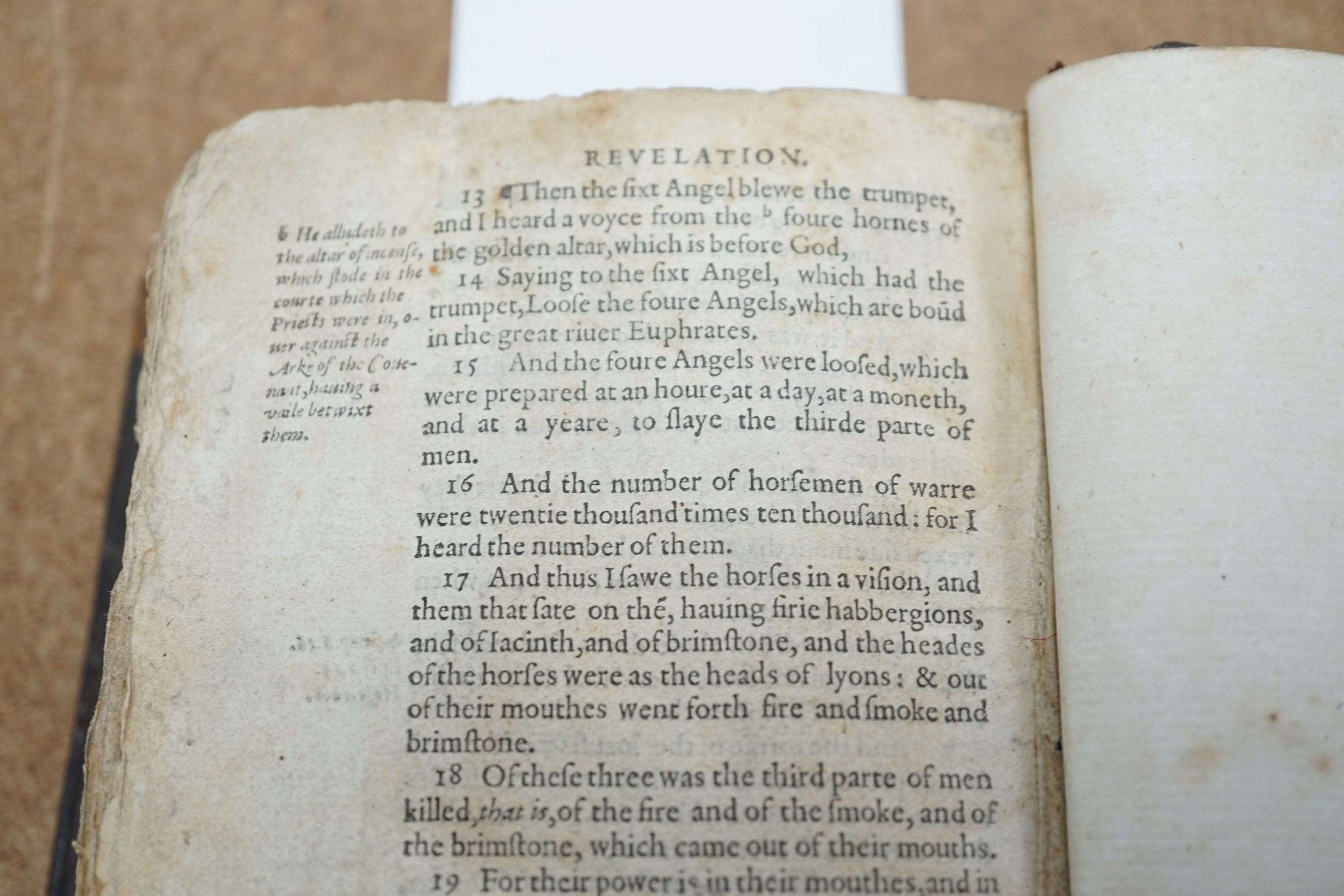 Geneva Bible [English]. - The Holy Bible, 8vo, contemporary calf, covers with lozenge shaped blind stamped device, lacking title, commences at leaf 3, concludes at leaf 445, end papers renewed, London, 1565.